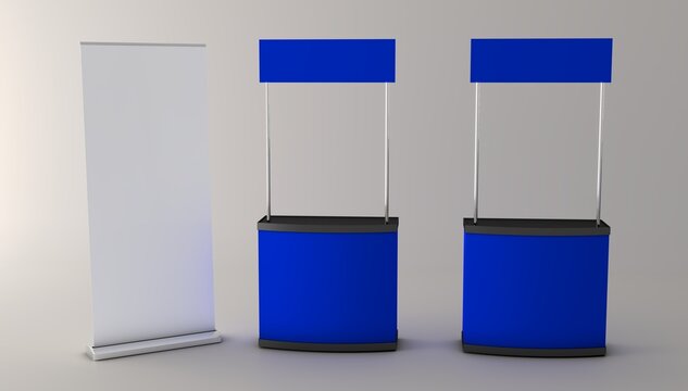Modern trade show promotional stand with a clean kiosk design, perfect for exhibitions, retail promotions, corporate branding, product launches, and marketing events. Trade show promo stand mockup. 