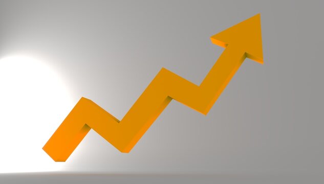 Modern 3D yellow growth arrow isolated on a white background, ideal for business analytics, financial reports, investment, marketing, and performance presentations.
