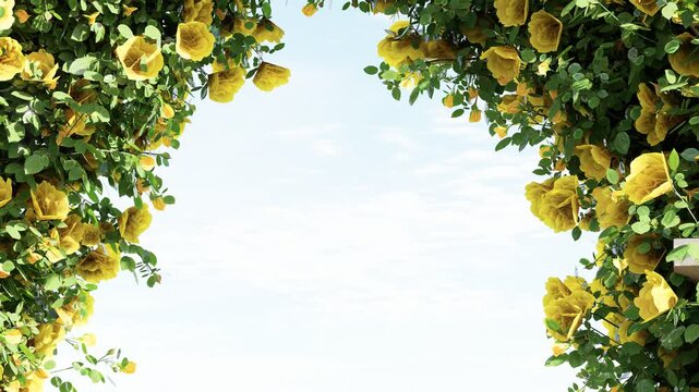 4K cinematic fly-through animation passing beneath a floral wedding arch and rising toward the sky, ideal for weddings, romantic events, luxury celebrations, invitations, and event backgrounds.