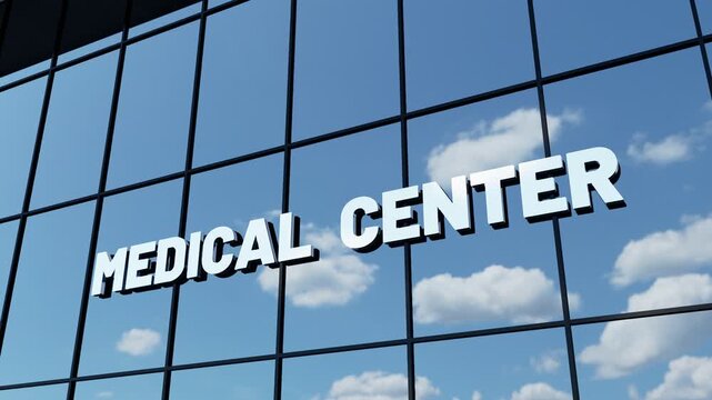Modern glass building featuring prominent "Medical Center" signage, ideal for healthcare, medical services, hospitals, clinics, and corporate healthcare concepts.