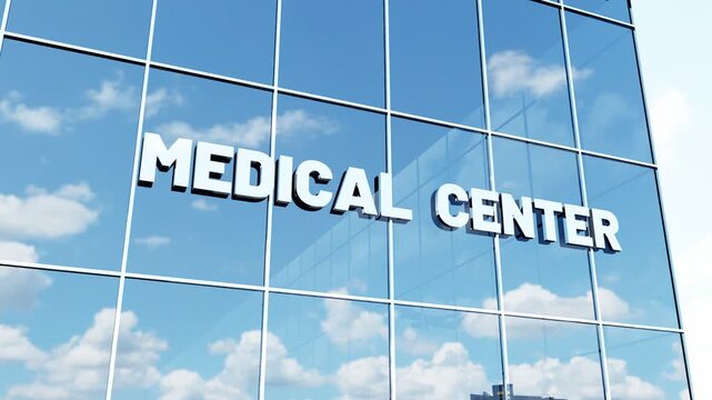 Modern glass building featuring prominent "Medical Center" signage, ideal for healthcare, medical services, hospitals, clinics, and corporate healthcare concepts.