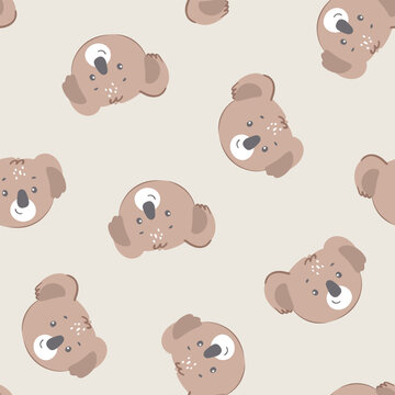 seamless pattern with cute koala head animals isolated white background outline 