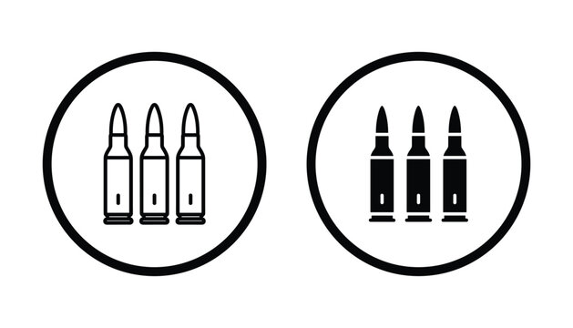 Ammunition bullets outline and solid fill vector icon set representing firearm weaponry cartridge graphic element