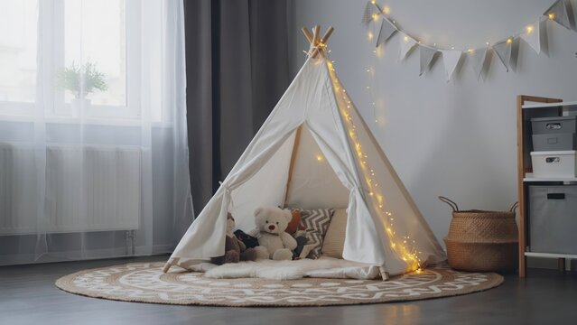 Cozy play teepee tent for kids in a bright modern nursery room