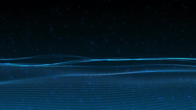 Futuristic blue mesh wave visual tiny light points, flowing data surface, distant , deep digital atmosphere. tech backgrounds, abstract loops, AI demos, analytics screens, cinematic motion graphics.