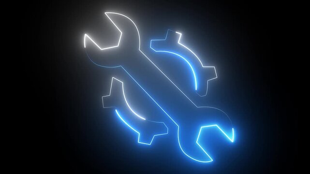 neon line settings icon animation. with gear and wrench on black background. Glowing neon line wrench and gear icon, mechanical Repair tools concept logotype icon. Abstract neon gear and wrench icon.