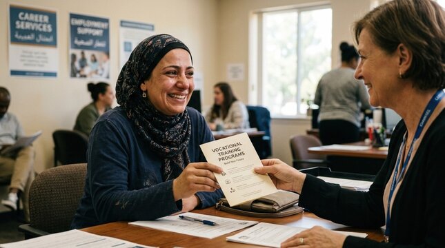 Middle Eastern woman in a hijab smiles while receiving vocational training program information from a female advisor in a career services office setting