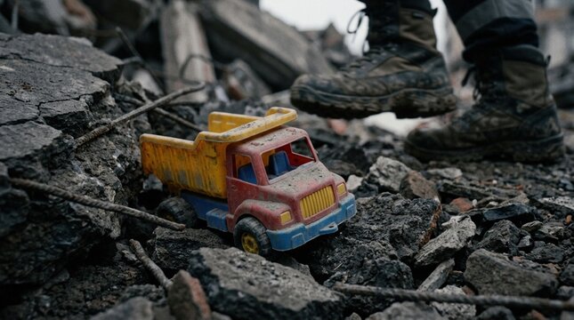 Plastic toy dump truck in red and yellow colors sits on rubble with a worker's muddy boots visible in the background, highlighting a construction or demolition site
