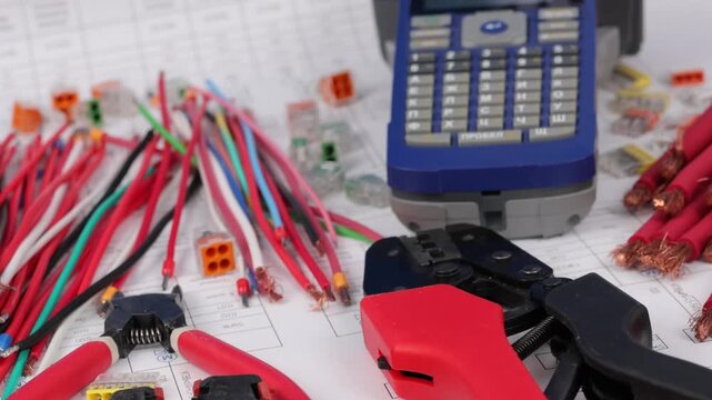 Tools and materials for assembling an electrical switchboard in the workplace.