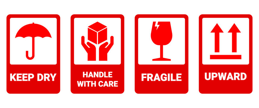 Red Packaging Warning Sign Sticker Set Fragile And Handle With Care Label Template For Shipping Box E Commerce And Logistics Freight