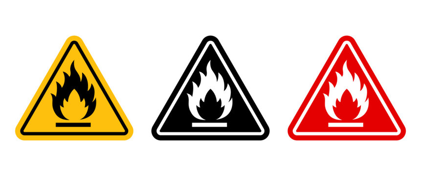 Triangle Flammable Warning Sign Set Fire Hazard Symbol And Safety Label Template For Chemical Packaging Shipping And Industrial Notice