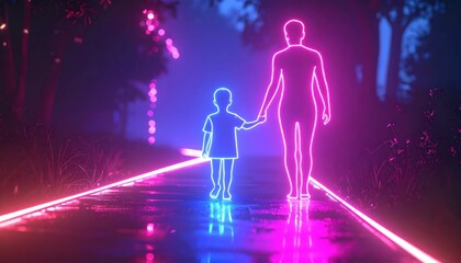 Fototapeta premium Neon Silhouettes of Parent and Child Walking Together in a Futuristic City.