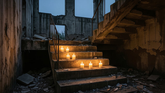 Abandoned Building Staircase with Candles