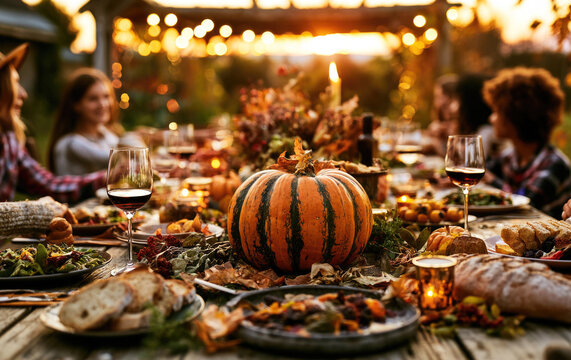 People eat dinner at wooden table with pumpkin centerpiece outside during sunset. Autumn dinner party with friends eating fresh food with bread and wine 