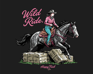 Wild ride cowgirl riding horse. Vintage western illustration jumping hay bales. Equestrian ranch lifestyle vector art. Rodeo girl poster.