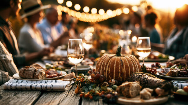 People eat dinner at wooden table with pumpkin centerpiece outside during sunset. Autumn dinner party with friends eating fresh food with bread and wine 