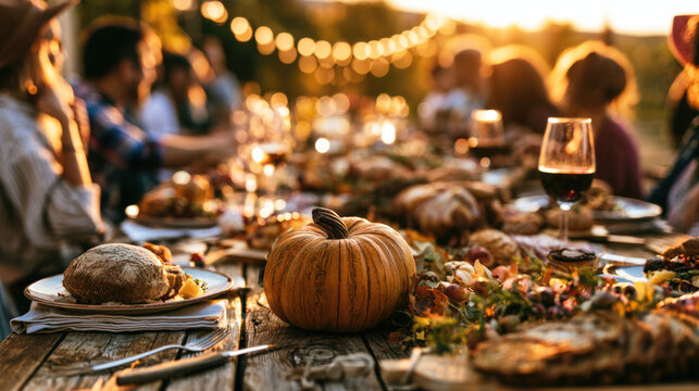 People eat dinner at wooden table with pumpkin centerpiece outside during sunset. Autumn dinner party with friends eating fresh food with bread and wine 