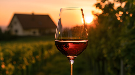 Obraz premium Pinot noir wine goblets from the vineyard swirl in a red hue, with an elegant sunset backdrop. The scene blends rustic charm with a warm glow, creating a serene reflection
