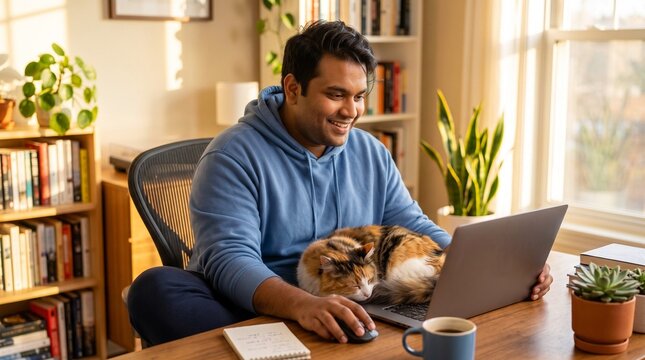 Plus-size Indian man happily working on laptop with orange cat on keyboard in cozy home office