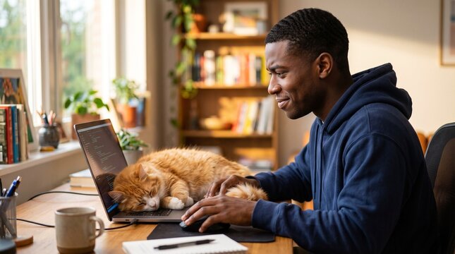 Man with cat enjoying work from home at a cozy desk with warm lighting