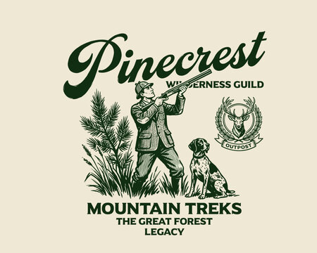 Vintage hunting club logo design. Retro wilderness adventure illustration. Hunter with dog and shotgun outdoor badge. Mountain forest crest.