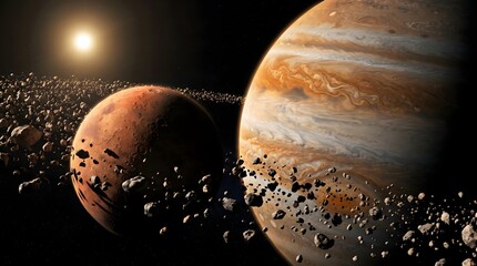 A stunning digital illustration of two massive planets orbiting near a bright star in deep space © Creative_Art