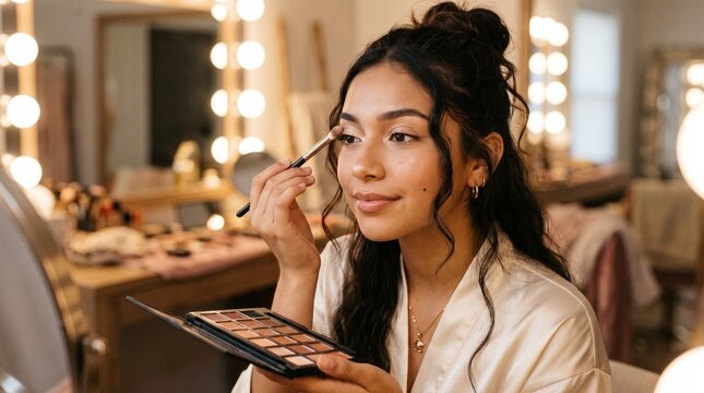 Teenage girl applying eyeshadow with a focused expression in a bright makeup studio