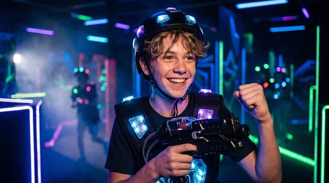 Teenager with excitement playing laser tag in a neon-lit arena