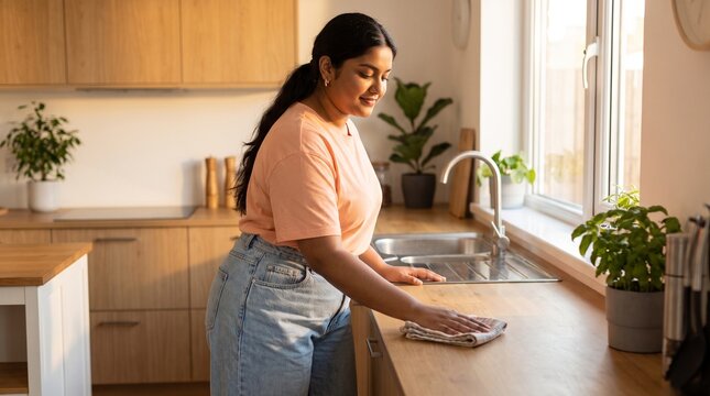 Indian teenage girl cleaning table in kitchen with a smile, warm lighting