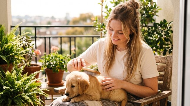 European teenage girl grooming a puppy with a cheerful mood on a green balcony