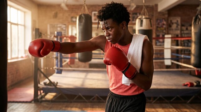 African American teenager boxing in a gym with a focused expression and shadows