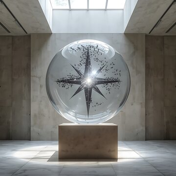 Glass sphere with compass star inside. Abstract crystal globe with liquid starlight effect.