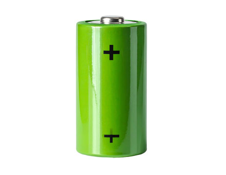 Single green cylindrical battery isolated on a solid black background