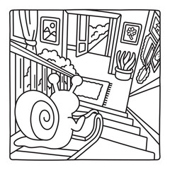 Mischievous snail gets ready to race down the stairs on a tiny sled, aiming straight for the open front door. Fun black and white coloring page.