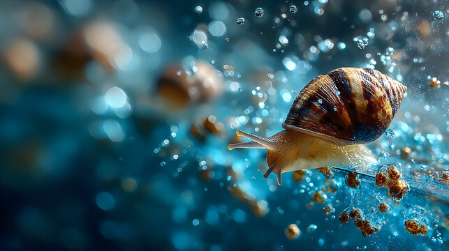 Detailed garden snail shell shimmering moisture closeup Images