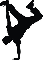 Silhouette of a male breakdancer performing a dynamic handstand move on a white background