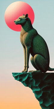 Majestic wolf statue perched on a cliff with a vibrant pink orb