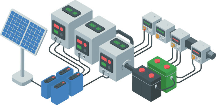 Isometric solar energy system illustration with photovoltaic panel, batteries, power controllers, electrical storage, and renewable energy technology infrastructure