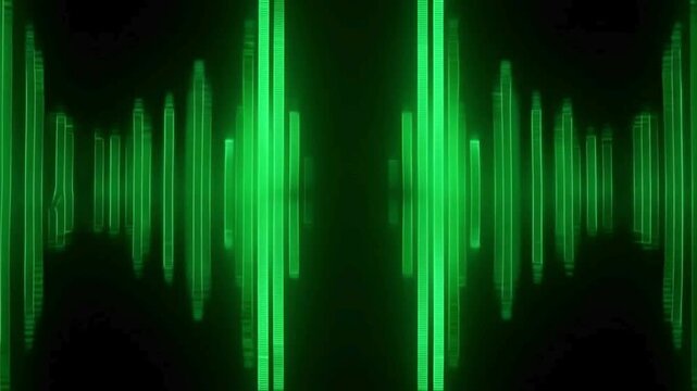 A symmetrical, abstract equalizer visualization featuring two pillars of bright green light the visualization radiates dynamic electronic vibration effects and sound waves.