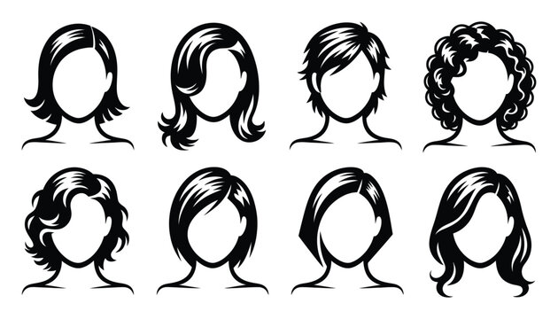 Female face portrait vector silhouette set showing various hair styles