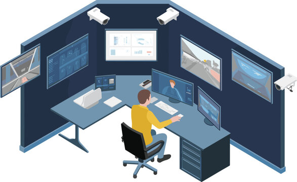 Isometric surveillance control room illustration with security operator, CCTV cameras, monitoring screens, cybersecurity systems, and digital protection technology