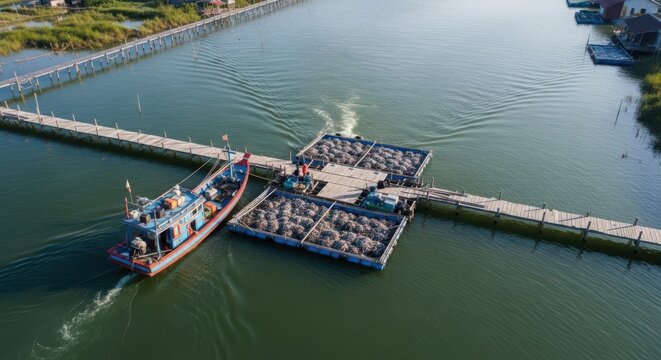 Fishing boat arriving at aquaculture farm for seafood harvest and transport