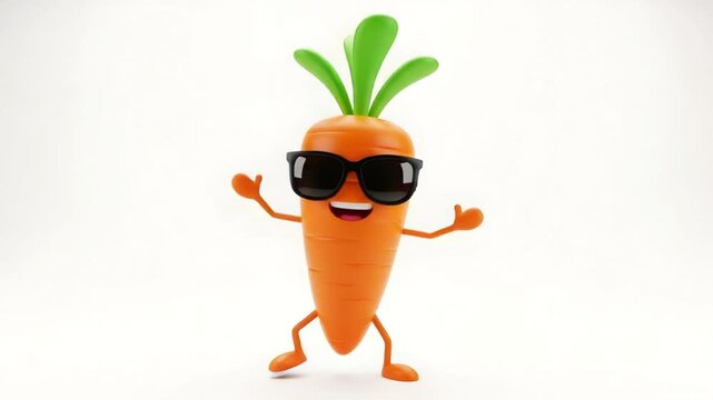 Happy animated carrot character wearing sunglasses dancing on white background 4K Ai HD high quality video.