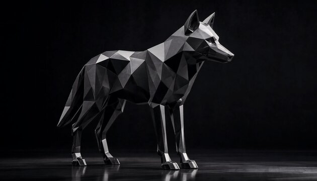A metallic lowpoly wolf sculpture standing on a reflective surface
