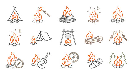 Fototapeta premium Industrial Style Minimalist Line Drawing Icons of Campfire Scenes and Camping Essentials in Orange and Gray
