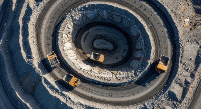 Large yellow mining dump trucks ascend a massive spiral quarry pit, showcasing industrial excavation operations from above.