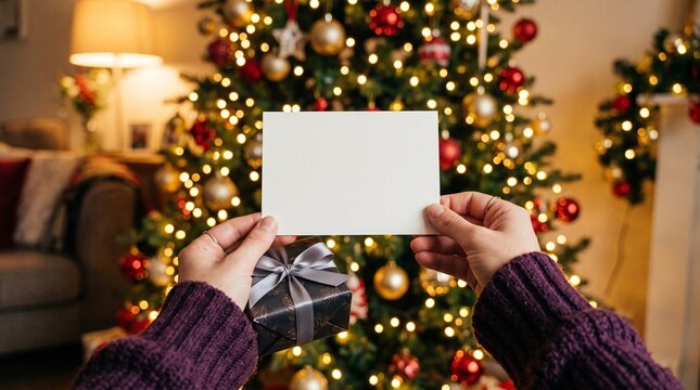 Person holding a blank white greeting card in front of a beautifully decorated glowing christmas tree