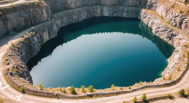 Majestic quarry pit filled with deep blue water and rugged rock formations under a clear sky