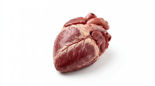 A raw beef heart isolated on a white background showcasing the anatomy and texture of the organ meat Beef heart Raw on white heart beef meat organ meat raw uncooked fresh protein food cuisine cooking