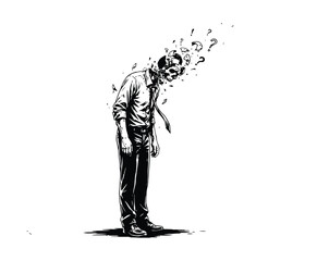 Fototapeta premium Mental Burnout Line Art Vector – Stressed Businessman with Dissolving Mind and Question Marks Concept Illustration